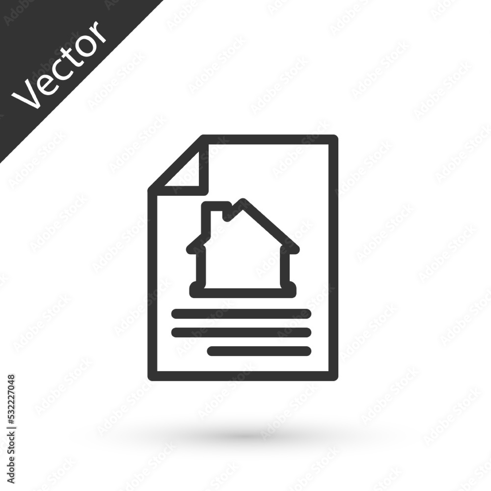 Grey line House contract icon isolated on white background. Contract creation service, document formation, application form composition. Vector