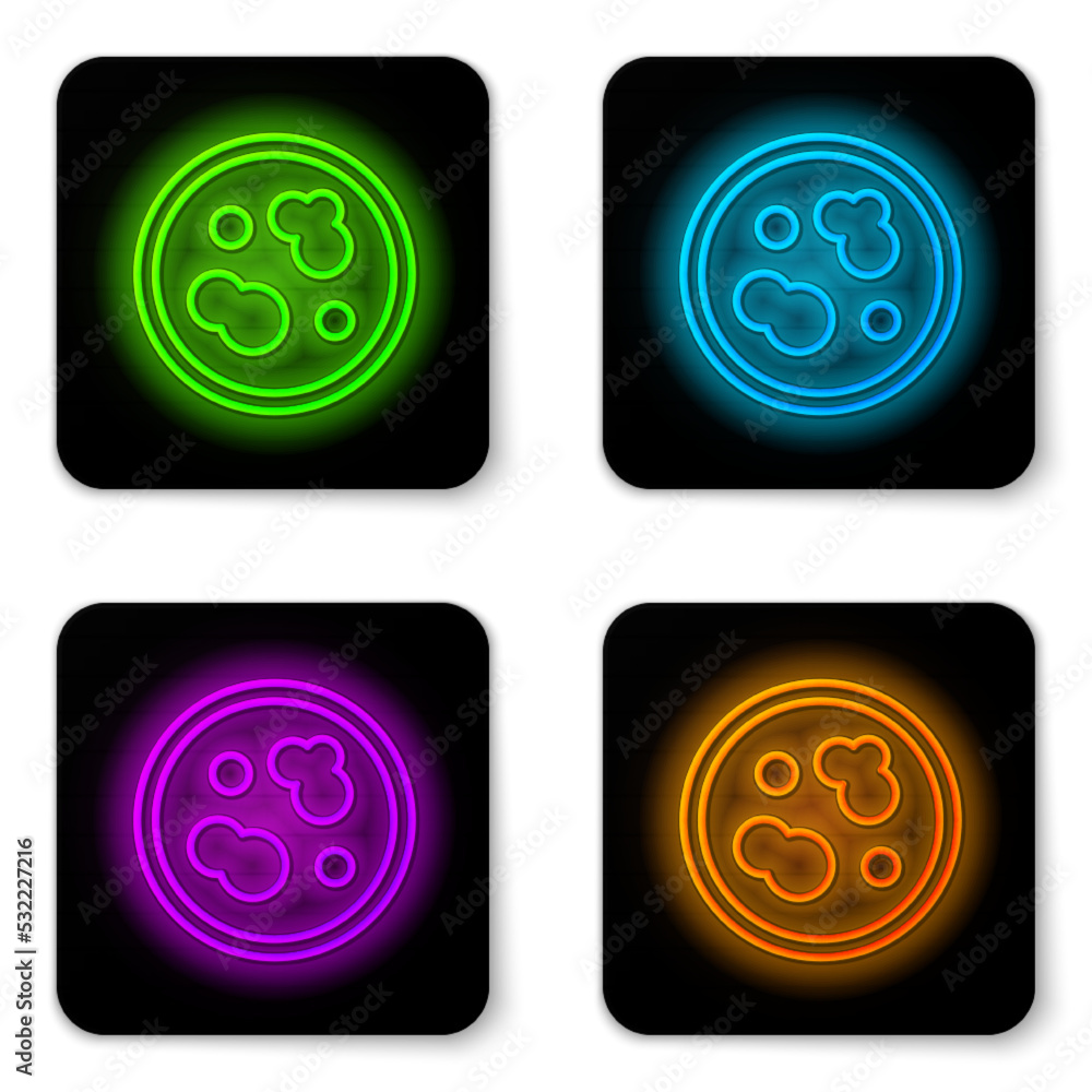 Glowing neon line Petri dish with bacteria icon isolated on white background. Black square button. Vector Illustration Glowing neon line Petri dish with bacteria icon isolated on white background. Black square button. Vector Illustration
