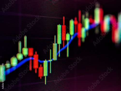 Stock market financial chart with red and green candlesticks displayed on a pixelated monitor with dark background