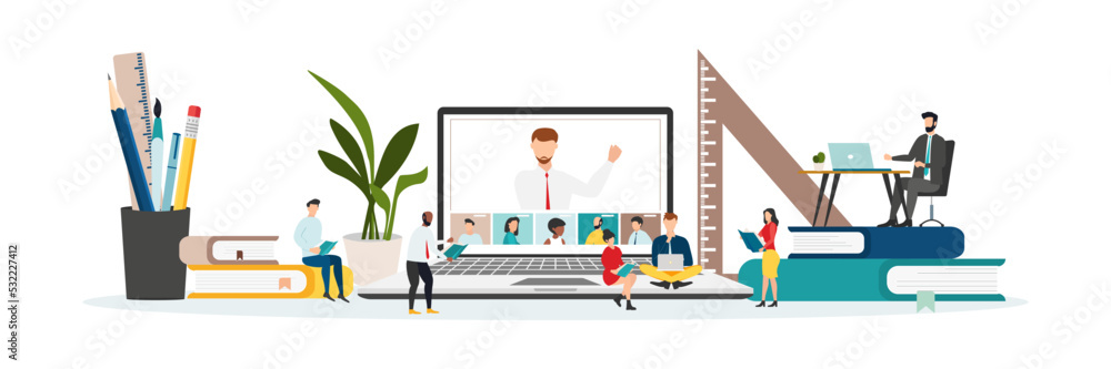 Home education concept. People study at home using a computer. Remote working. Video conference on laptop computer. Work from home and work from anywhere concept Vector.