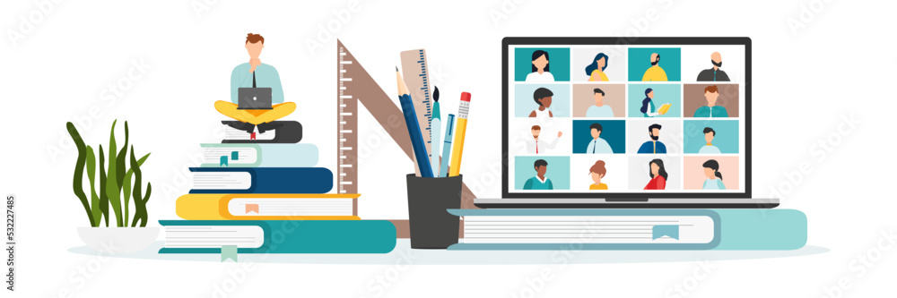 Home education concept. People study at home using a computer. Remote working. Video conference on laptop computer. Work from home and work from anywhere concept Vector. Home education concept. People study at home using a computer. Remote working. Video conference on laptop computer. Work from home and work from anywhere concept Vector.