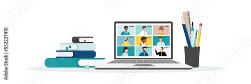 Home education concept. People study at home using a computer. Remote working. Video conference on laptop computer. Work from home and work from anywhere concept Vector.
