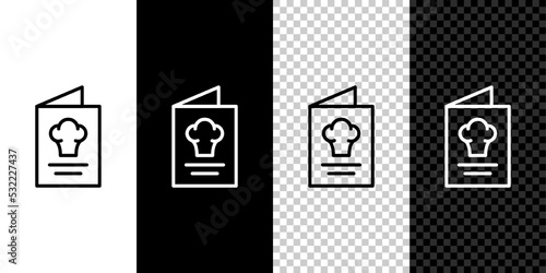 Set line Cookbook icon isolated on black and white, transparent background. Cooking book icon. Recipe book. Fork and knife icons. Cutlery symbol. Vector