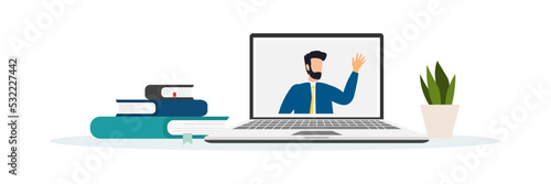 Home education concept. People study at home using a computer. Remote working. Video conference on laptop computer. Work from home and work from anywhere concept Vector.