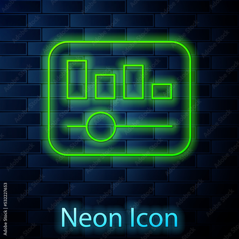 Glowing neon line Music equalizer icon isolated on brick wall background. Sound wave. Audio digital equalizer technology, console panel, pulse musical. Vector Glowing neon line Music equalizer icon isolated on brick wall background. Sound wave. Audio digital equalizer technology, console panel, pulse musical. Vector