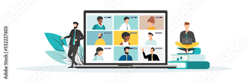 Home education concept. People study at home using a computer. Remote working. Video conference on laptop computer. Work from home and work from anywhere concept Vector.
