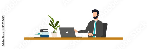Home education concept. People study at home using a computer. Remote working. Video conference on laptop computer. Work from home and work from anywhere concept Vector.