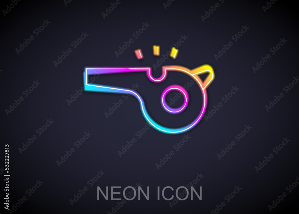 Glowing neon line Whistle icon isolated on black background. Referee symbol. Fitness and sport sign. Vector Glowing neon line Whistle icon isolated on black background. Referee symbol. Fitness and sport sign. Vector