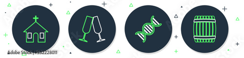 Set line Glasses of champagne, DNA symbol, Church building and Wooden barrel icon. Vector