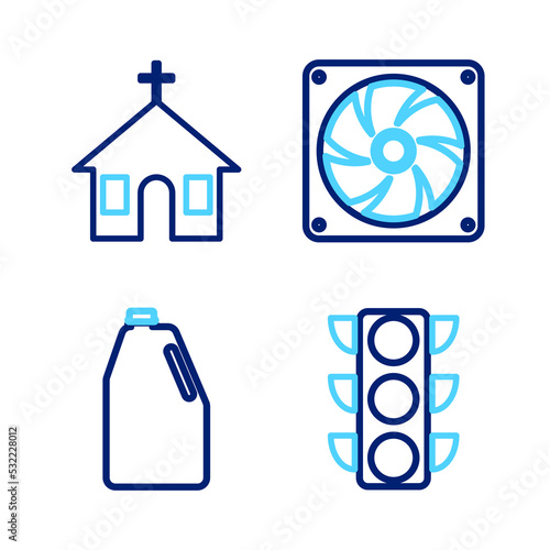 Set line Traffic light, Household chemicals bottle, Computer cooler and Church building icon. Vector