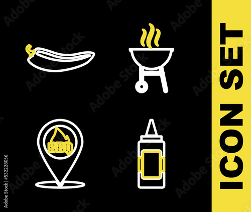 Set line Barbecue grill, Mustard bottle, Location with barbecue and Hot chili pepper pod icon. Vector
