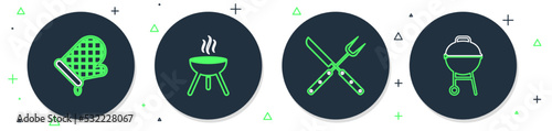 Set line Barbecue grill, Crossed fork and knife, Oven glove and icon. Vector
