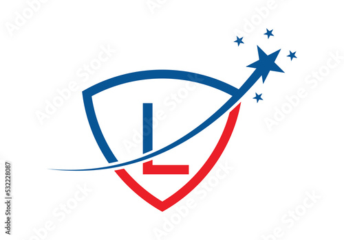 Initial Monogram Letter L With Star and Shield Logo Design Vector Template.