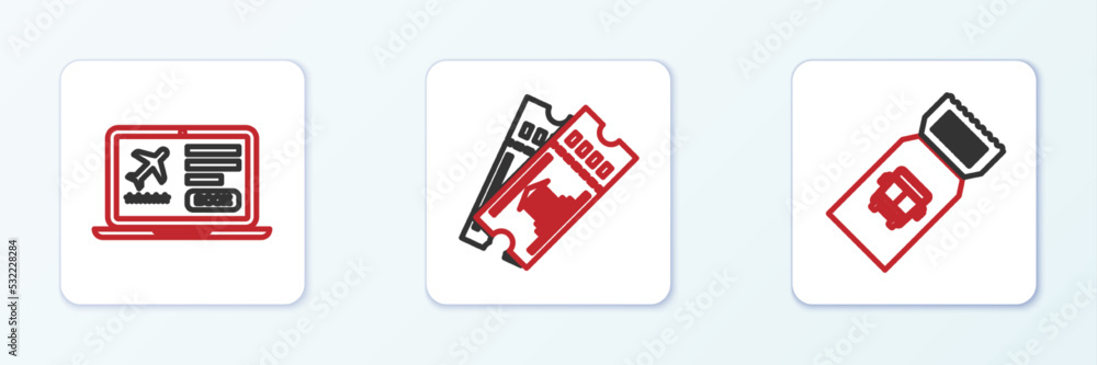 Set line Bus ticket, Laptop with and Museum icon. Vector Set line Bus ticket, Laptop with and Museum icon. Vector