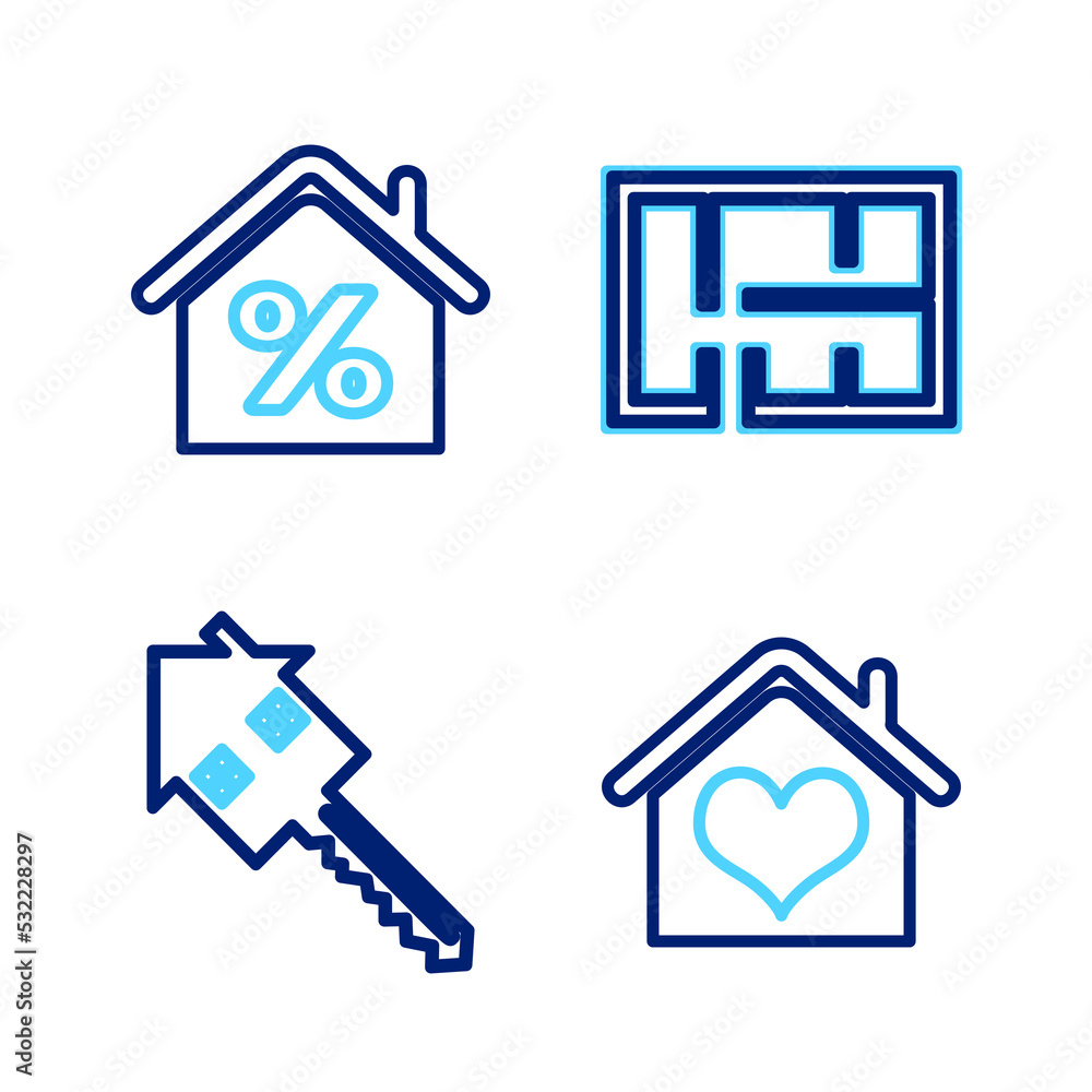 Set line House with heart shape, key, plan and percant icon. Vector