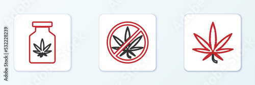 Set line Marijuana or cannabis leaf, Medical bottle with marijuana and Stop icon. Vector