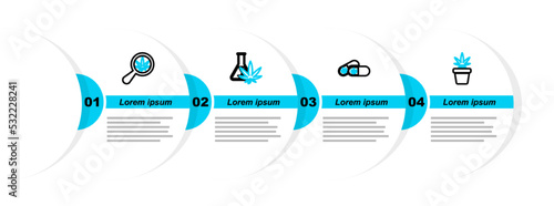 Set line Marijuana plant in pot, Medical pills with marijuana, Test tube and Magnifying glass and icon. Vector