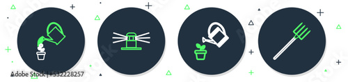 Set line Automatic irrigation sprinklers, Watering can, and Garden pitchfork icon. Vector