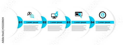 Set line Phone call, System bug concept, Computer monitor service and Question and Exclamation icon. Vector