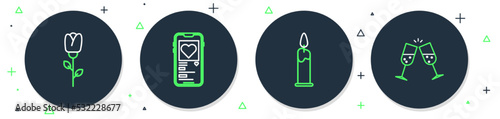 Set line Mobile with heart, Burning candle, Flower rose and Glass of champagne icon. Vector
