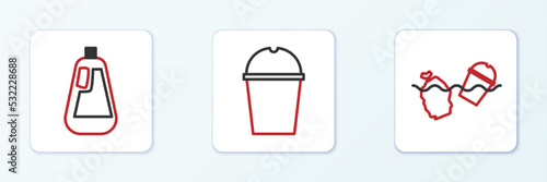 Set line Problem pollution of the ocean, Bottle for dishwashing liquid and Paper glass water icon. Vector