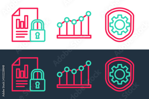 Set line Shield with settings gear, Document and lock and Pie chart infographic icon. Vector