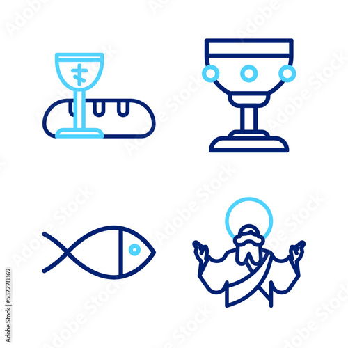 Set line Jesus Christ, Christian fish, chalice and First communion symbols icon. Vector