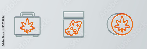 Set line Herbal ecstasy tablets, Shopping box of marijuana and Plastic bag cannabis icon. Vector