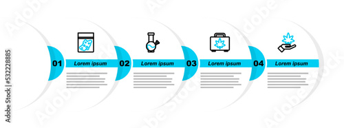 Set line Marijuana or cannabis leaf, Shopping box of marijuana, Glass bong for smoking and Plastic bag icon. Vector