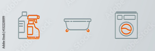 Set line Washer, Bottles for cleaning agent and Bathtub icon. Vector