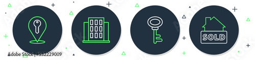 Set line House, key, Location and Hanging sign with text Sold icon. Vector