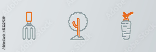 Set line Carrot, Garden rake and Tree icon. Vector