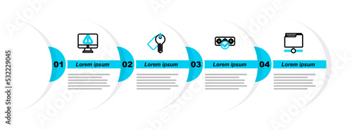 Set line FTP folder, Password protection, Marked key and Monitor with exclamation mark icon. Vector