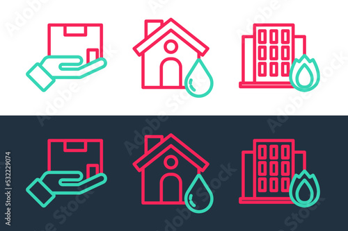 Set line Fire in burning house, Delivery insurance and House flood icon. Vector