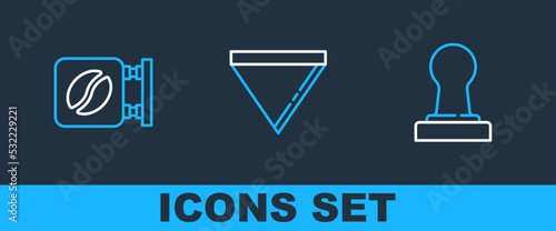 Set line Coffee tamper, Street signboard coffee and paper filter icon. Vector