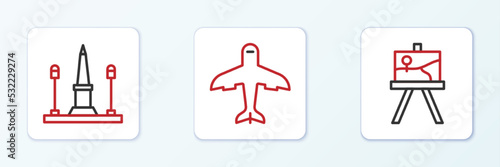 Set line Easel or painting art boards, Place De La Concorde and Plane icon. Vector