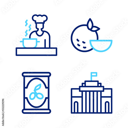 Set line Prado museum, Olives in can, Orange fruit and Spanish cook icon. Vector