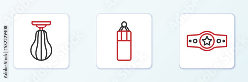 Set line Boxing belt, Punching bag and icon. Vector