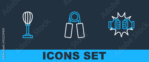 Set line Punch in boxing gloves, Punching bag and Sport expander icon. Vector