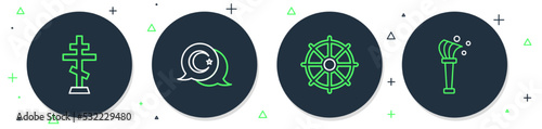 Set line Star and crescent, Dharma wheel, Christian cross and Aspergillum icon. Vector