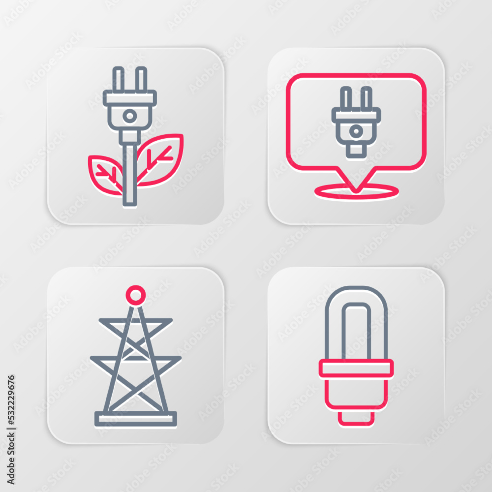 Set line LED light bulb, Electric tower, plug and saving in leaf icon. Vector Set line LED light bulb, Electric tower, plug and saving in leaf icon. Vector