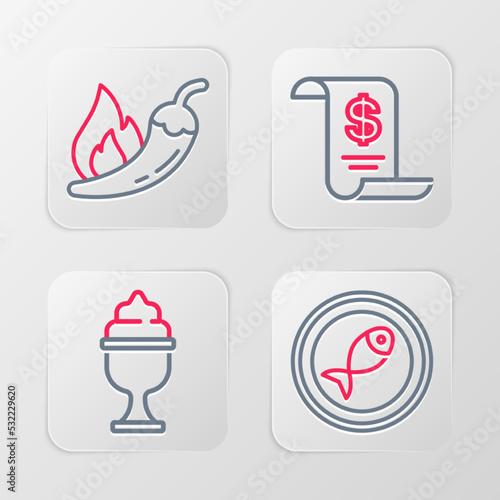 Set line Served fish on a plate, Ice cream in bowl, Paper or financial check and Hot chili pepper pod icon. Vector