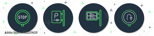 Set line Parking, ublic transport board, Stop sign and Turn back road icon. Vector photo