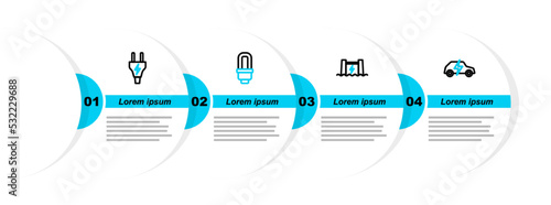 Set line Electric car, Hydroelectric dam, LED light bulb and plug icon. Vector