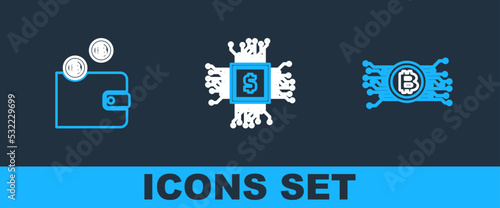 Set line Cryptocurrency bitcoin in circuit, wallet and CPU mining farm icon. Vector