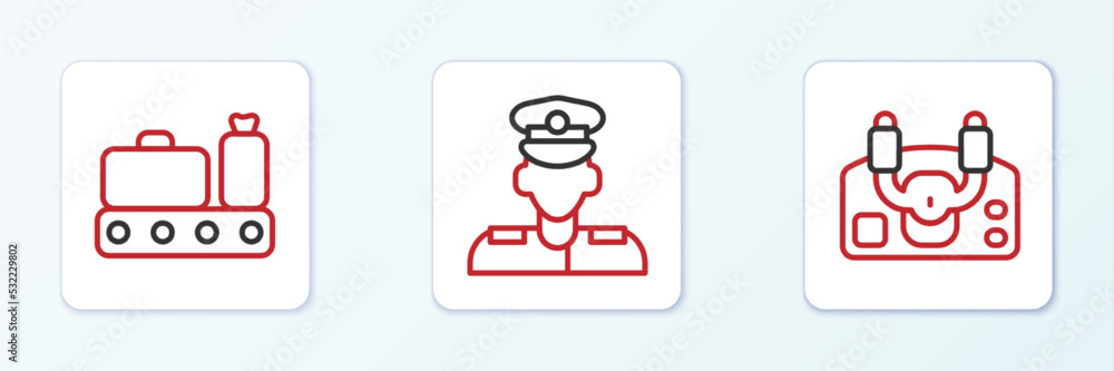 Set line Aircraft steering helm, Conveyor belt with suitcase and Pilot icon. Vector