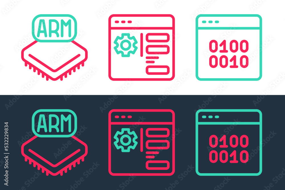Set line Binary code, Processor and Browser setting icon. Vector Set line Binary code, Processor and Browser setting icon. Vector