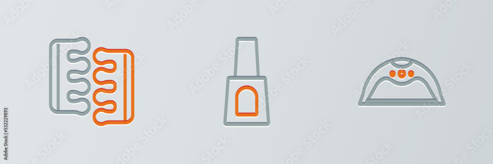 Set line Manicure lamp, Toe separator for pedicure and Bottle of nail polish icon. Vector