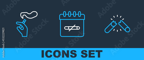 Set line Broken cigarette, Hand with smoking and No days icon. Vector