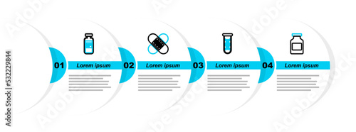Set line Medicine bottle, DNA research, search, Crossed bandage plaster and Medical vial, ampoule icon. Vector
